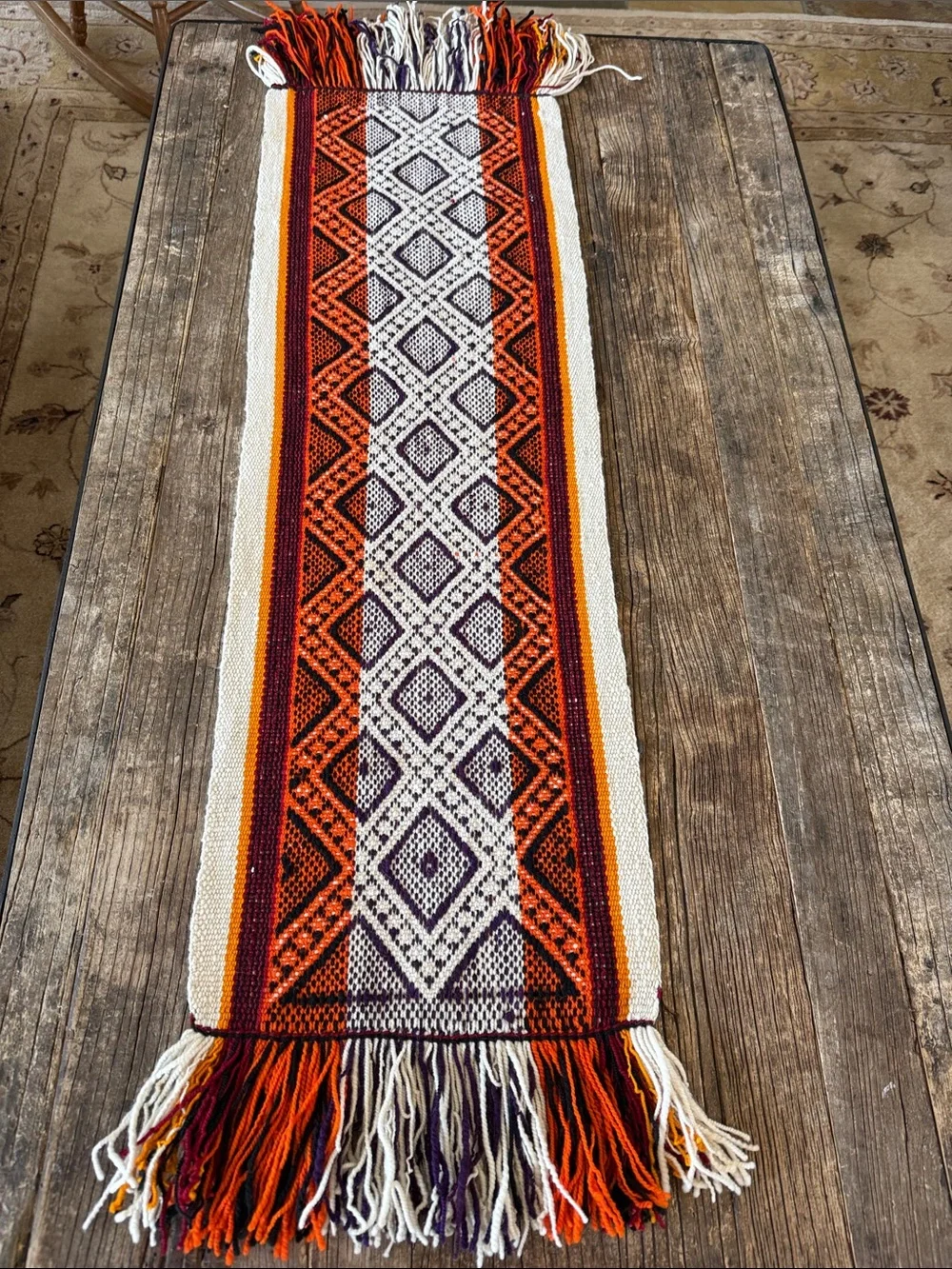 Vintage Handwoven Table Runner in Orange, Purple & Cream